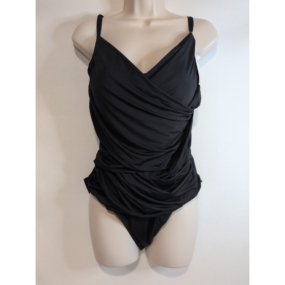 B2PRITY Black Ruched Tummy Control One Piece Padded Swimsuit Size L NWT